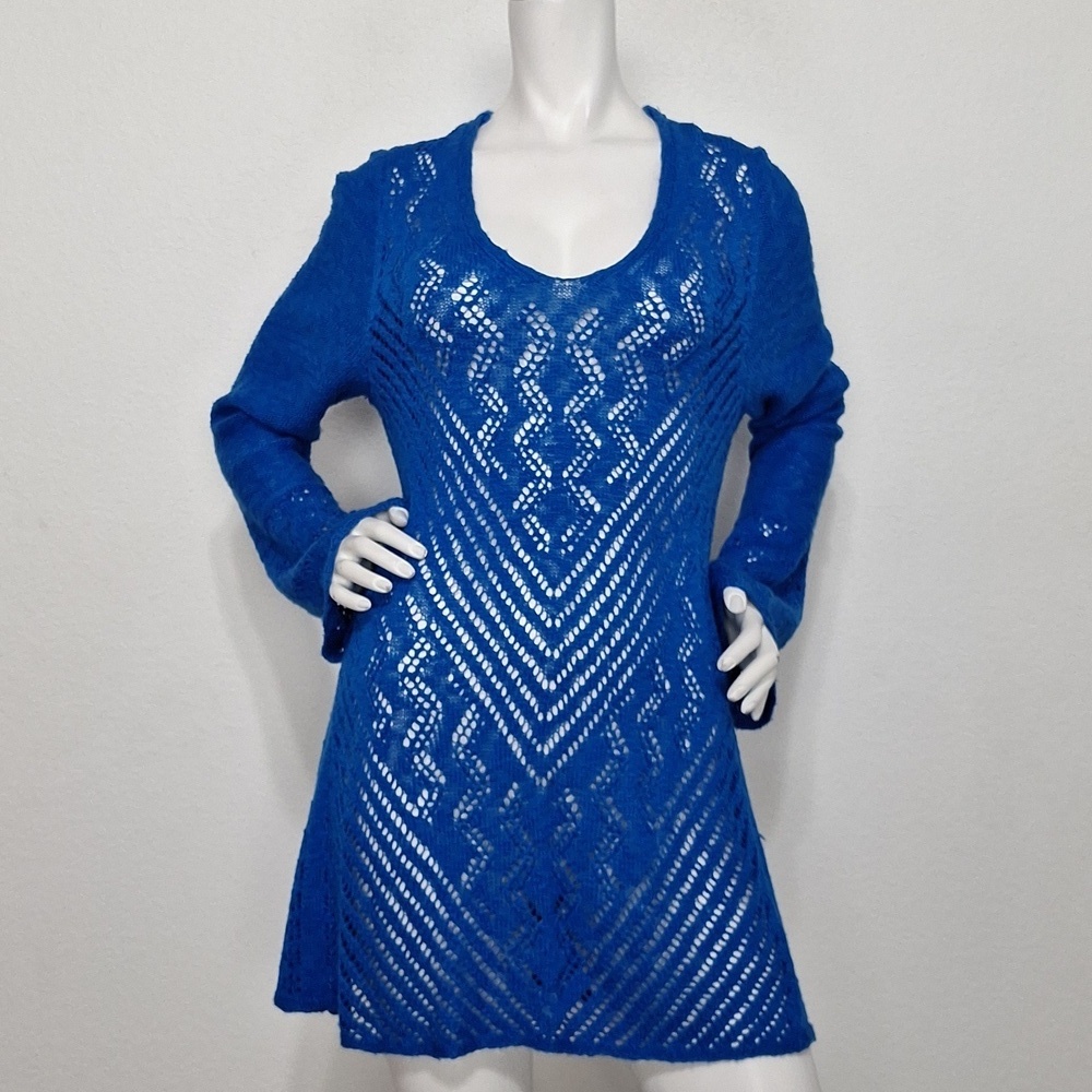 Style & Co Blue Bohemian Retro Open Knit Long Sleeve Pullover Mini Dress Size L